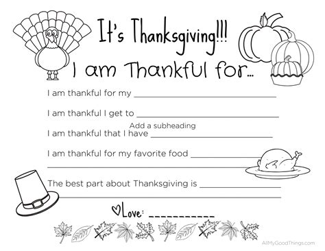 I Am Thankful For Placemat Printable